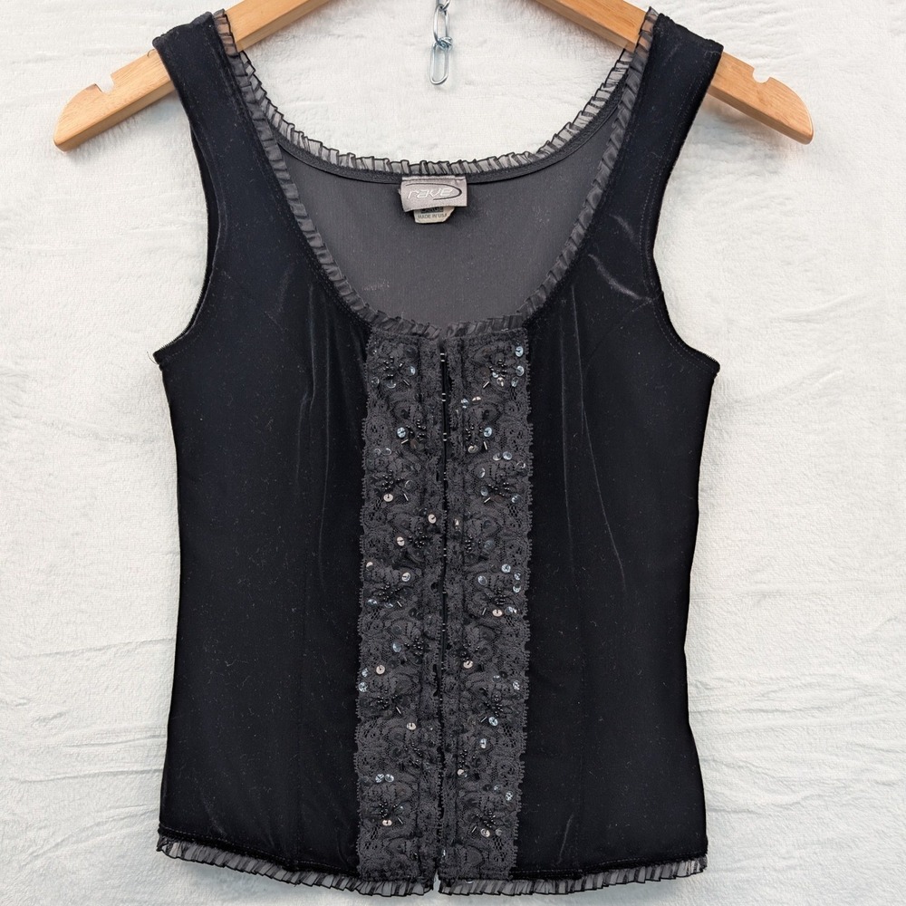 VTG Rave Top Women's Large Black Velvet loral Lace Sequin Whimsigoth Goth Y2K
